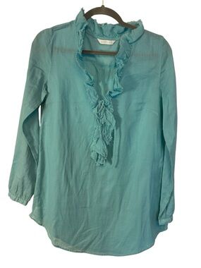 Promod Teal Ruffle-Front Long Sleeve Blouse fits small / medium